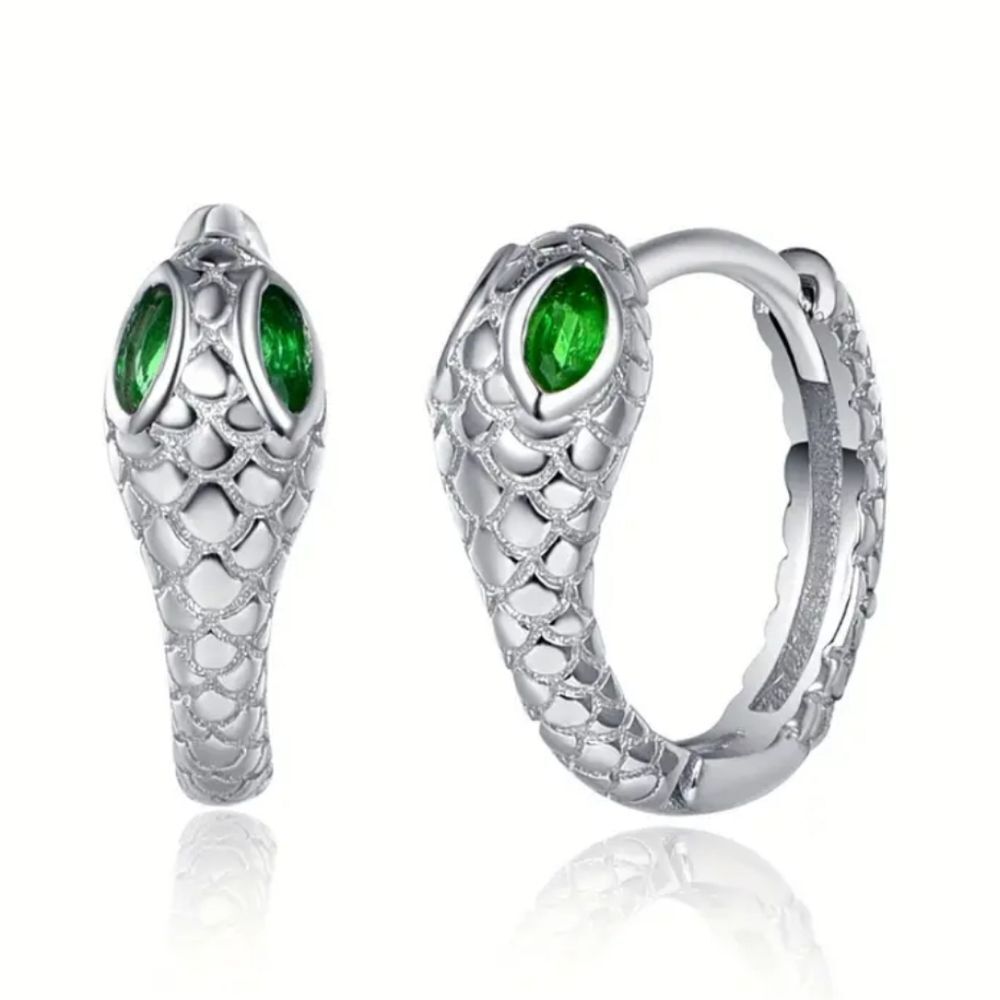 Elegant 925 Silver Snake Earrings with Green Accents